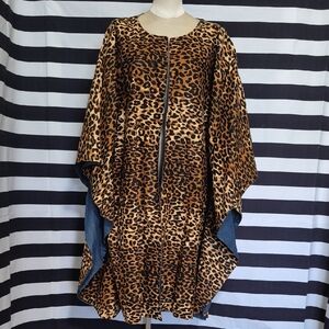 Long Leopard Print Kaftan Jacket with Denim Lining